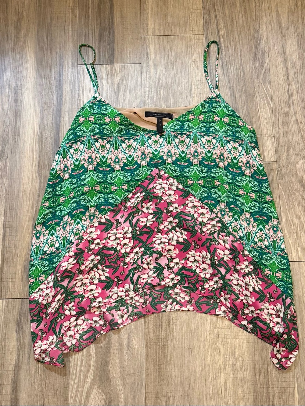 BCBGMAXAZRIA Cora Mixed Print Handkerchief Hem Cami Tank Top M Boho Floral